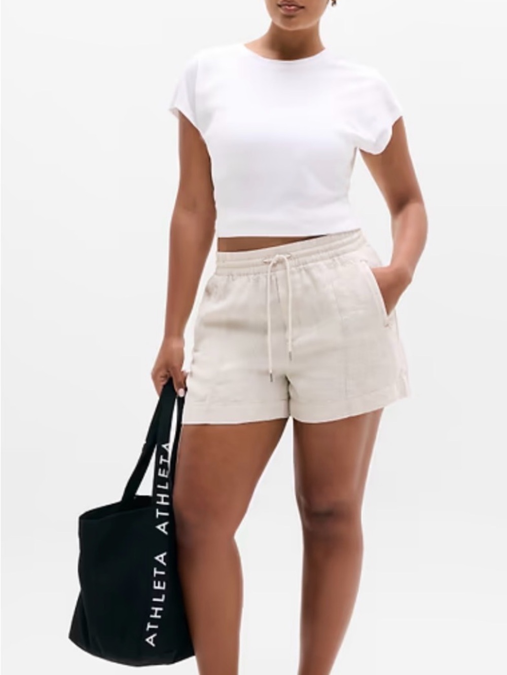 Athleta Light Beige Drawstring Linen-Blend Athletic Shorts